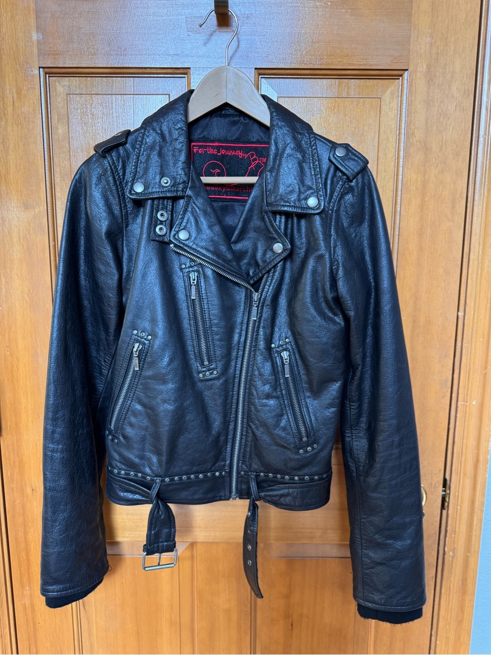 Classic ‘One Sexy Biker Chick’ Black Leather Moto Jacket - Women's Size 38